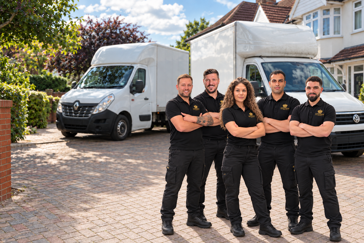 John, Seby, Ana, Iman and Mimoun in Kingsman uniforms with our moving vans