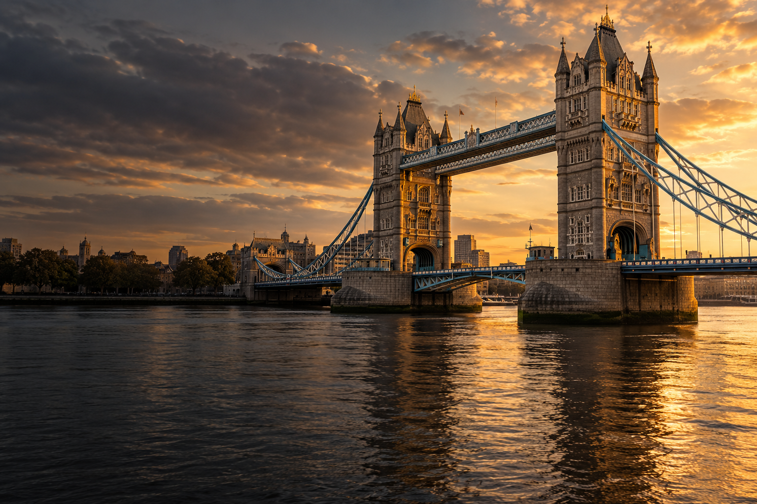 Generated view of Tower Bridge and the Thames in warm evening light