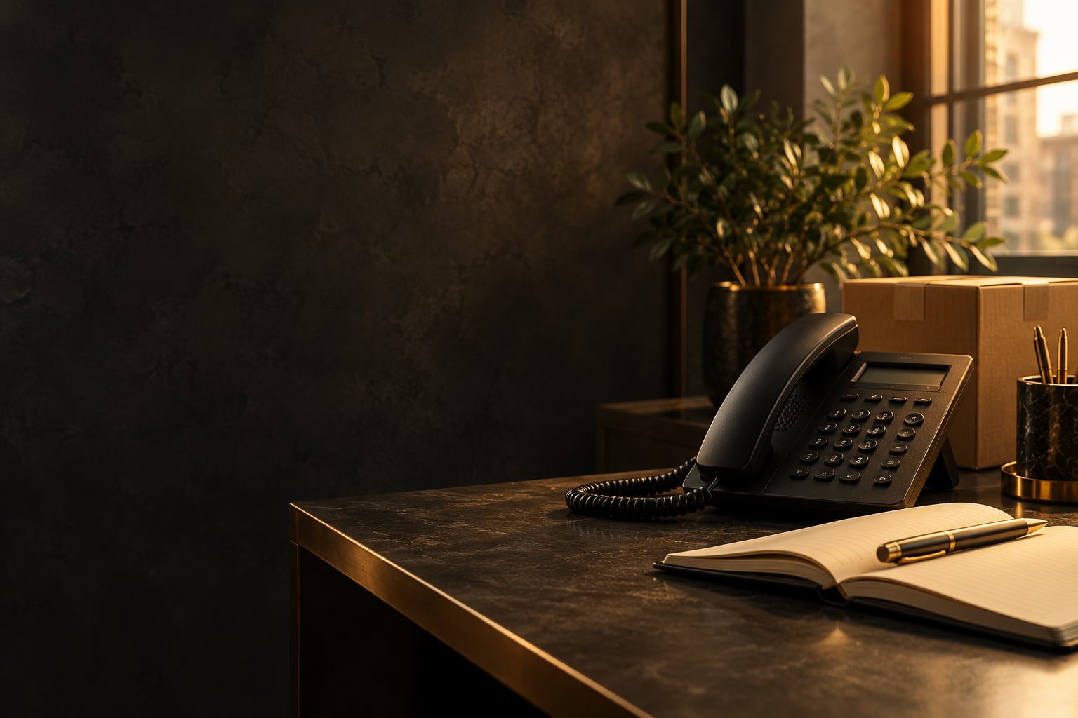 Telephone and notebook on a warmly lit desk