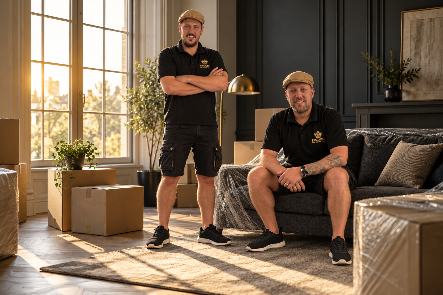 Kingsman Removals team beside a sofa prepared for moving