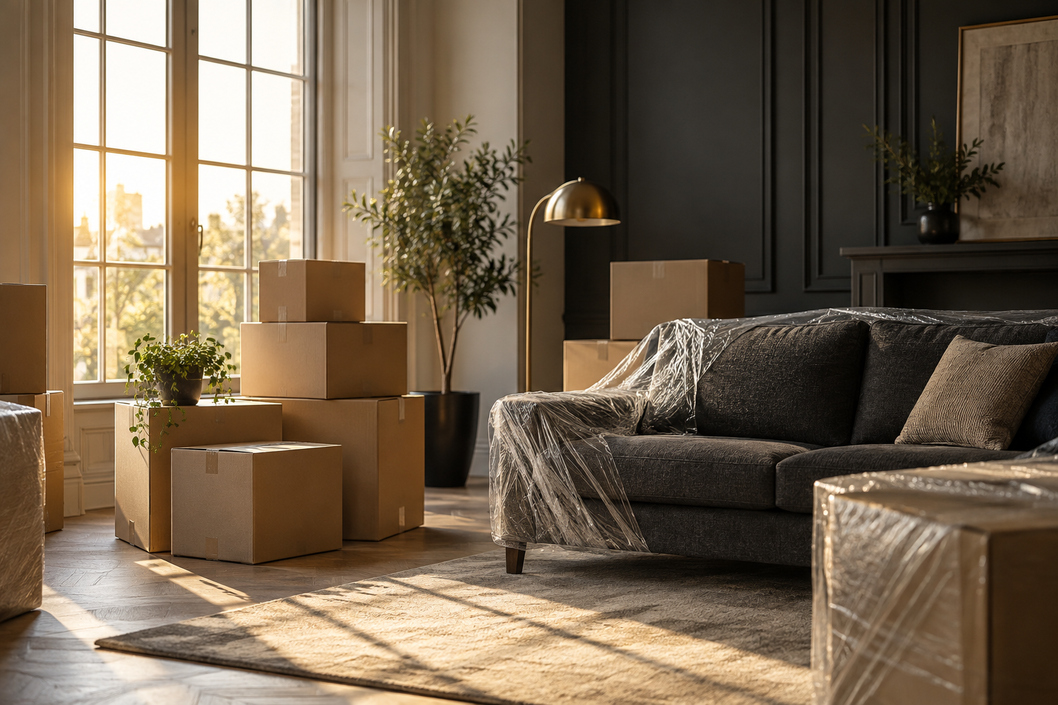 Protected sofa and moving boxes ready for a house move