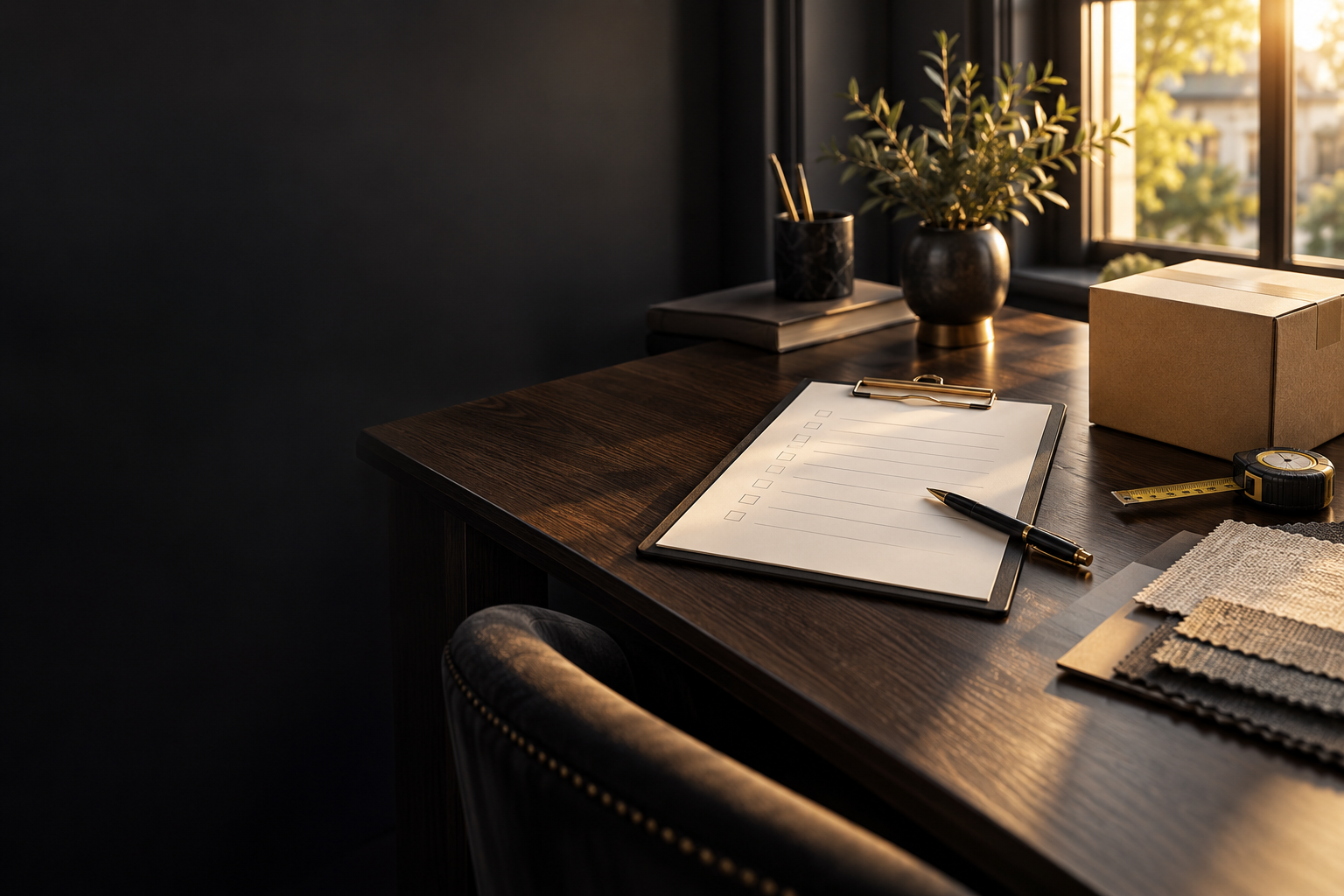 Quotation checklist, pen and moving box on a desk