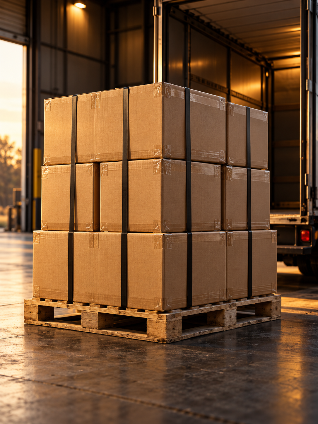 Wrapped business goods on pallets prepared for transport