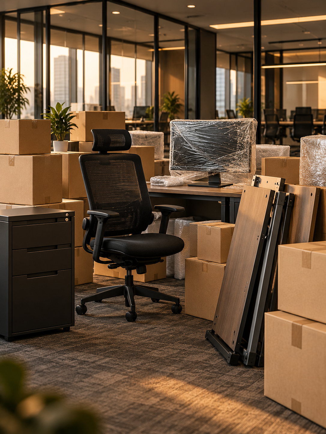 Office furniture, monitors and packed boxes prepared for an office relocation