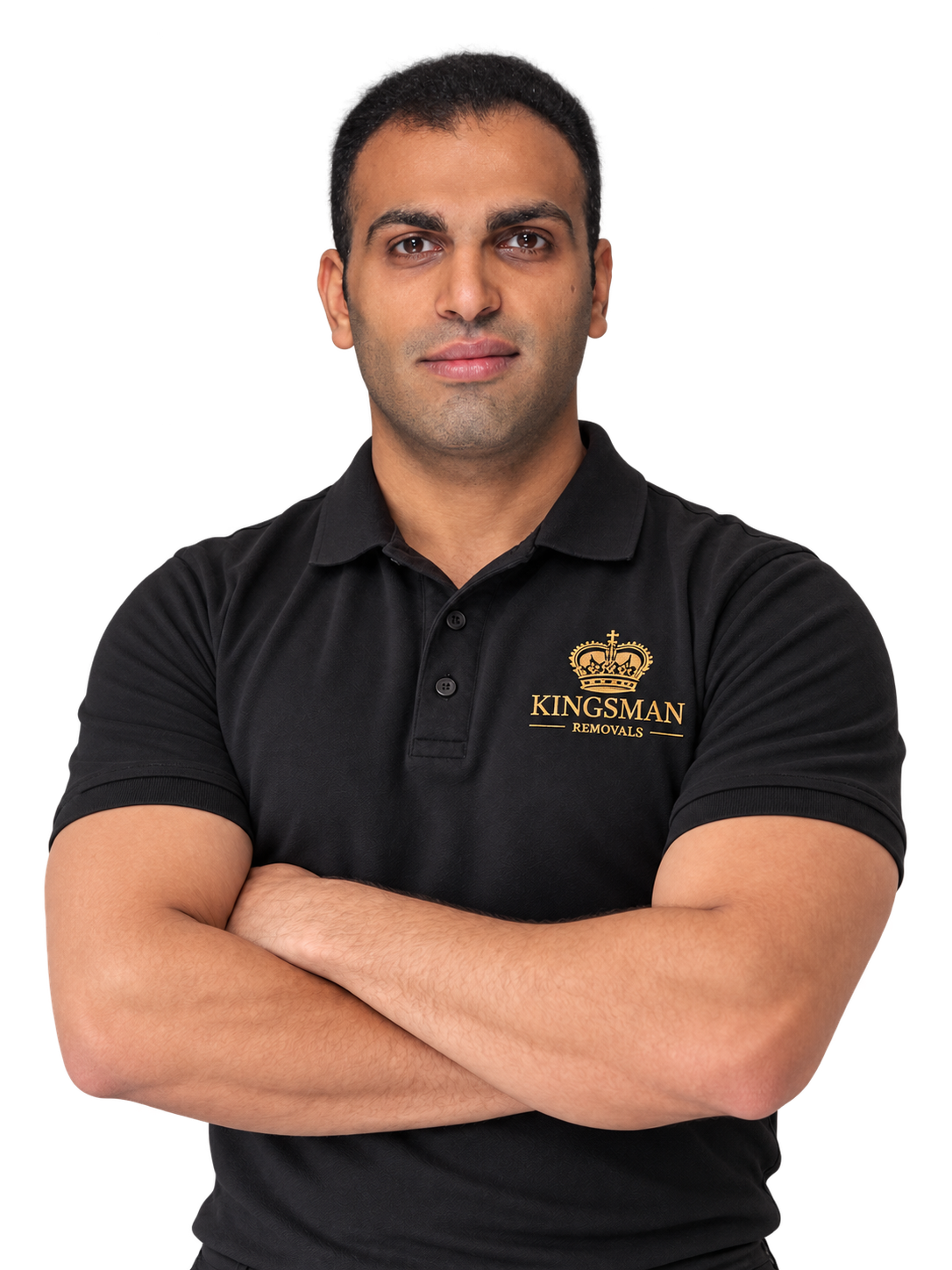 Iman wearing the Kingsman Removals uniform